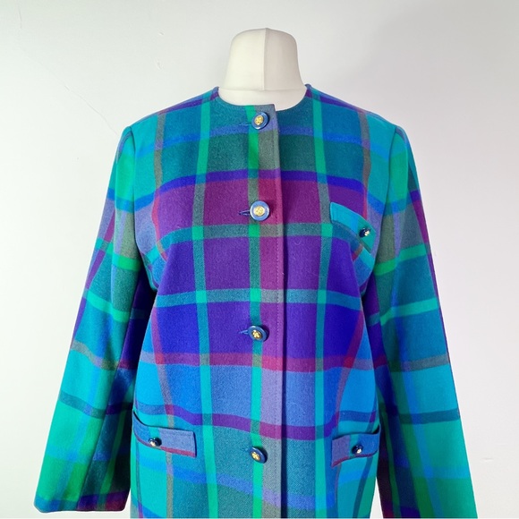 Vintage Avoca Made in Ireland Purple & Green Checked Wool Jacket Size S - Picture 3 of 11
